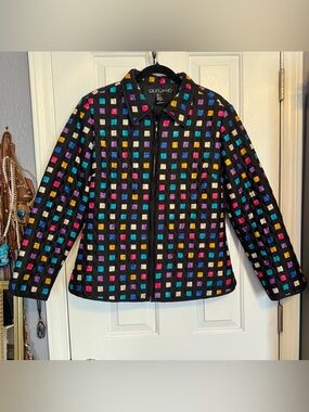 Vintage SILKLAND 100% Silk Zip Front Quilted Beaded Jacket Womens Large